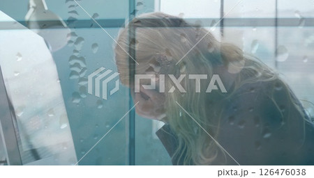 Image of water drops over distressed caucasian businesswoman with head in hands Image of water drops over distressed caucasian businesswoman with head in hands 126476038