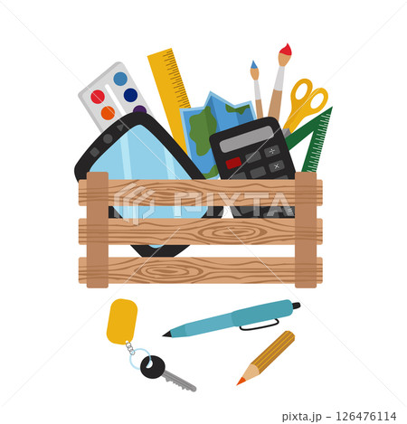 Box with school supplies, stationery, a poster, a banner. Tablet, paints, calculator, map, ruler, brushes, scissors, pen, pencil. Vector clipart, illustration isolated 126476114
