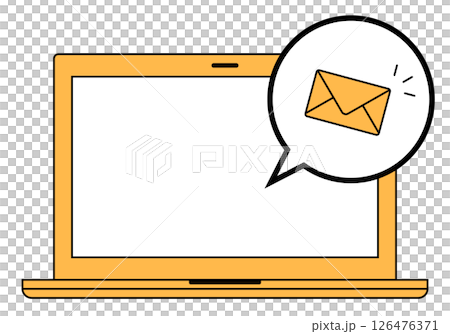 ノートパソコンでメールを受信するイメージイラスト おしゃれ 破線 オレンジ ふきだし 126476371