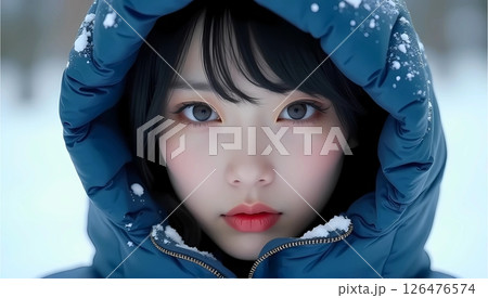 青いダウンジャケットのフードをかぶった日本人女性、モデル、雪、美人、見つめる 126476574