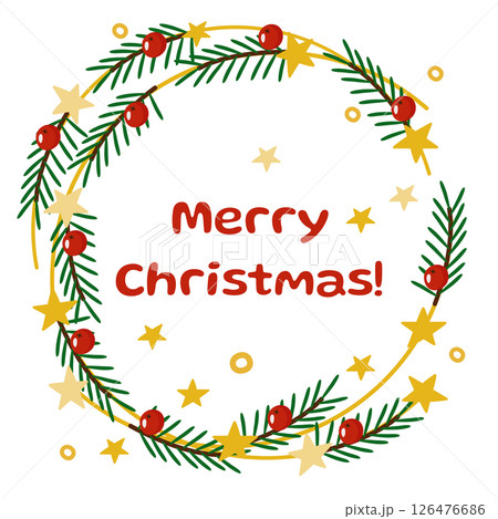 A festive wreath with fir branches, red berries, stars and the inscription "Merry Christmas". New Year vector illustration, postcard, banner, poster. A festive wreath with fir branches, red berries, stars and the inscription "Merry Christmas". New Year vector illustration, postcard, banner, poster. 126476686