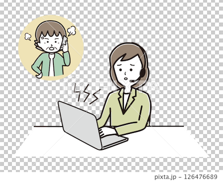 若い女性オペレーターが、パソコンを見ながらシニア女性のクレームに対応をする様子 126476689