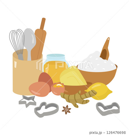 Ingredients for ginger cookies, preparing Christmas pastries. Flour, eggs, honey, butter, ginger, lemon, anise, molds. Vector illustration for banner, advertising, design 126476698
