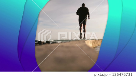 Image of blue shapes over biracial man running at beach Image of blue shapes over biracial man running at beach 126476731
