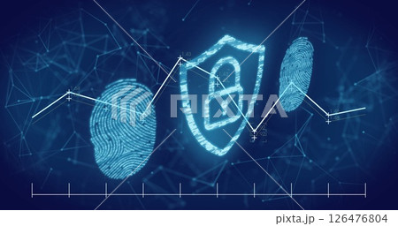 Image of data processing and padlock over shapes and fingerprints 126476804