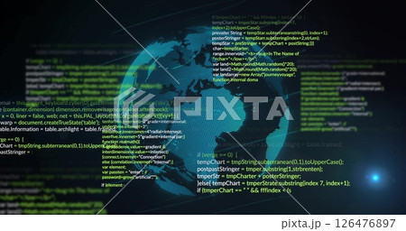 Image of digital data processing over globe on black background Image of digital data processing over globe on black background 126476897