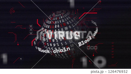 Image of virus text over digital data processing and binary coding globe 126476932