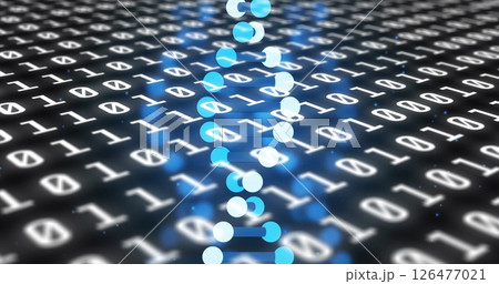 Image of dna strand over data processing on black background Image of dna strand over data processing on black background 126477021