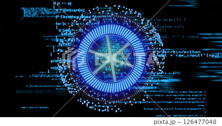 Digital data processing image over blue circular interface with coding background 126477048
