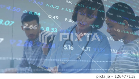 Stock market data image over healthcare professionals consulting with patients Stock market data image over healthcare professionals consulting with patients 126477118