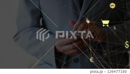 Image of network of retail icons over midsection of caucasian businessman using smartphone 126477180