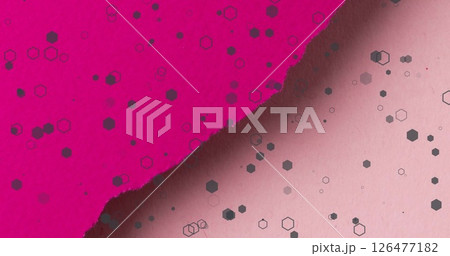 Image of grey spots, rings and hexagons over colourful ripped paper textures Image of grey spots, rings and hexagons over colourful ripped paper textures 126477182