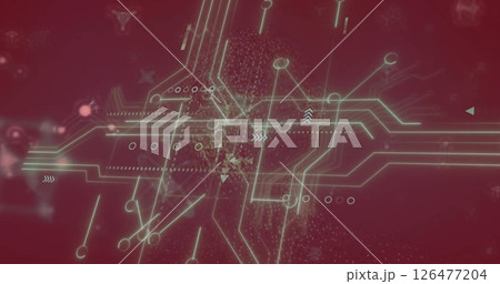 Image of white shapes moving and molecules on red background 126477204