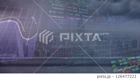 Image of financial data processing over cityscape 126477221