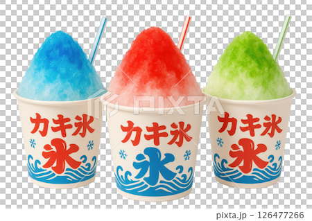 Three vibrant and tempting cups of flavored shaved ice treats known as Kakigri 126477266