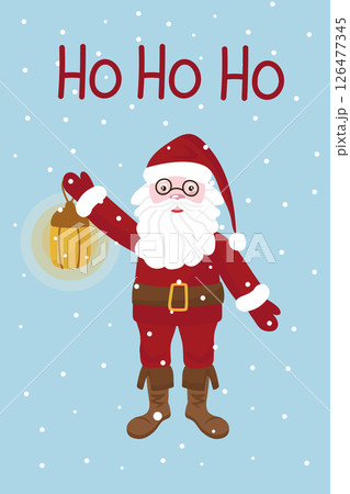 Christmas card Ho Ho Ho with Santa Claus, in traditional clothes and a red hat. He holds a lantern in his hand. Snow is falling. Vector. Christmas card Ho Ho Ho with Santa Claus, in traditional clothes and a red hat. He holds a lantern in his hand. Snow is falling. Vector. 126477345
