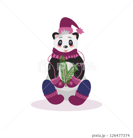 Christmas card with panda bear with fir branches. In warm winter clothes, hat, scarf and felt boots. Vector illustration for design and decor, banner Christmas card with panda bear with fir branches. In warm winter clothes, hat, scarf and felt boots. Vector illustration for design and decor, banner 126477374