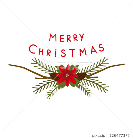 Merry Christmas text and decoration made of fir branches and poinsettias. Vector illustration isolated on a white background. For the design of a postcard or decorative. Merry Christmas text and decoration made of fir branches and poinsettias. Vector illustration isolated on a white background. For the design of a postcard or decorative. 126477375