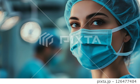 Portrait of a confident female surgeon in blue scrubs and surgical mask, standing in a high tech operating room, emphasizing professionalism in healthcare 126477484
