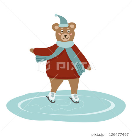 Cute brown bear is skating in a hat, scarf and sweater. Winter vector illustration for a greeting card 126477497