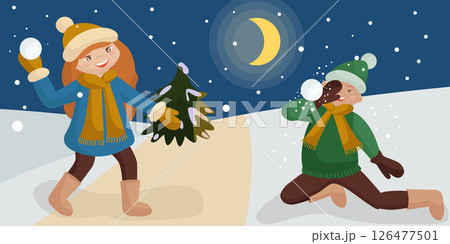 Funny children play snowballs in the winter outdoors. Moon, Christmas tree, mittens, valenki. New year vector. 126477501