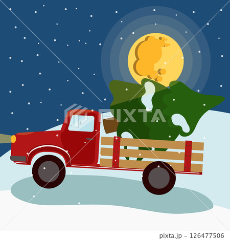 Red car truck with a Christmas tree in the back. Rides on a snowy road with the moon in the background. Vector illustration, postcard, banner, template for design. Red car truck with a Christmas tree in the back. Rides on a snowy road with the moon in the background. Vector illustration, postcard, banner, template for design. 126477506