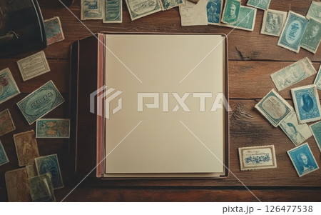 Vintage stamp collection surrounding an open album with blank page on wooden table, perfect for philately and collecting concepts 126477538