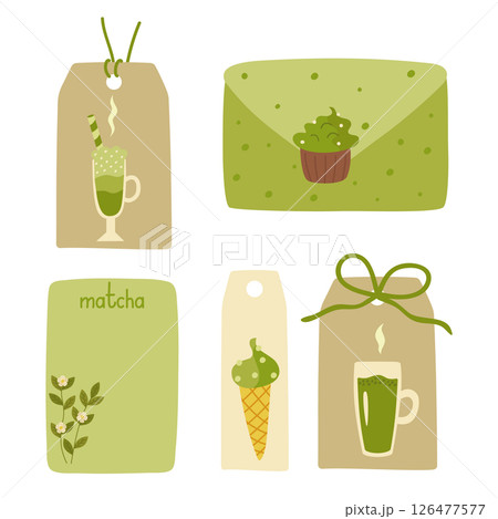 Tags, envelopes, a letter with elements of green tea from matcha powder. Cocktails and sweets, flowers. Vector illustration isolated. For decoration, design or printing Tags, envelopes, a letter with elements of green tea from matcha powder. Cocktails and sweets, flowers. Vector illustration isolated. For decoration, design or printing 126477577
