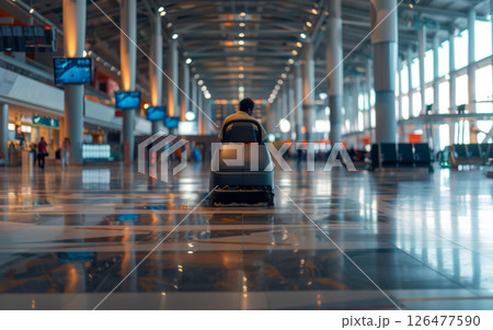 Rear view of maintenance worker operating floor cleaning machine in crowded airport concourse with reflective floors. 126477590