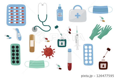 Medical equipment and medicines, Seth. Vector. In the style of hand drawing. 126477595