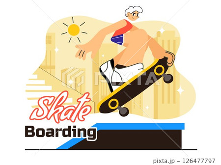 Skateboarding Vector Illustration featuring Skateboarders Jumping on a Springboard in a Skatepark, Extreme Sports Activities in a Flat Background 126477797