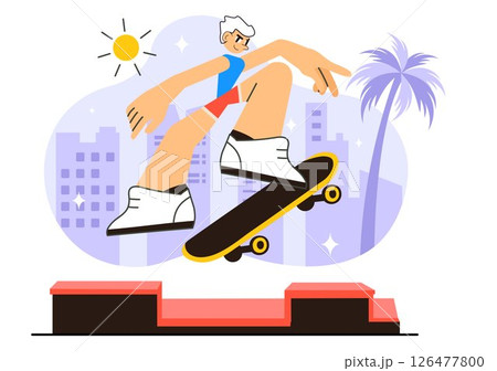 Skateboarding Vector Illustration featuring Skateboarders Jumping on a Springboard in a Skatepark, Extreme Sports Activities in a Flat Background 126477800