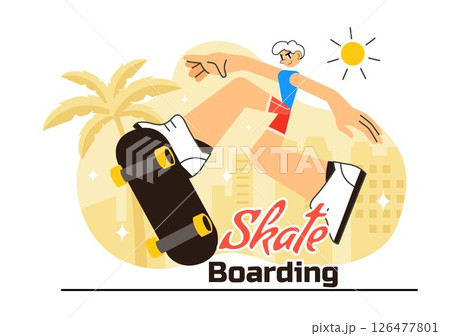 Skateboarding Vector Illustration featuring Skateboarders Jumping on a Springboard in a Skatepark, Extreme Sports Activities in a Flat Background Skateboarding Vector Illustration featuring Skateboarders Jumping on a Springboard in a Skatepark, Extreme Sports Activities in a Flat Background 126477801