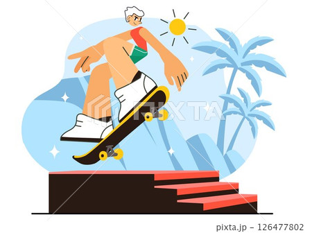 Skateboarding Vector Illustration featuring Skateboarders Jumping on a Springboard in a Skatepark, Extreme Sports Activities in a Flat Background 126477802
