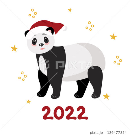 Christmas and New Year's card with a panda in a red riding hood, 2022. Vector clipart, isolated illustration 126477834
