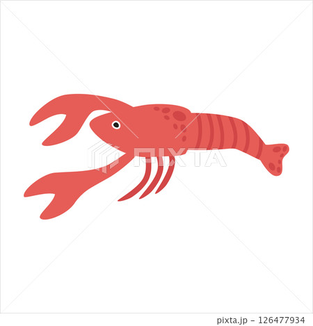 A river crab, a cute red color with claws and a tail, a marine inhabitant. Vector illustration isolated on a white background. A river crab, a cute red color with claws and a tail, a marine inhabitant. Vector illustration isolated on a white background. 126477934