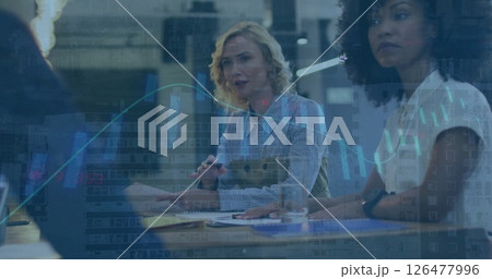 Image of data processing and diagrams over diverse business people at meeting Image of data processing and diagrams over diverse business people at meeting 126477996