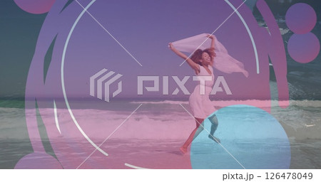 Image of colourful shapes over african american woman on beach Image of colourful shapes over african american woman on beach 126478049