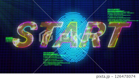 Image of start text over fingerprint and data processing on black background 126478074