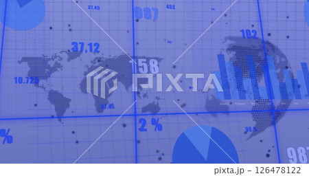 Image of financial data processing over world map and globe on white background 126478122