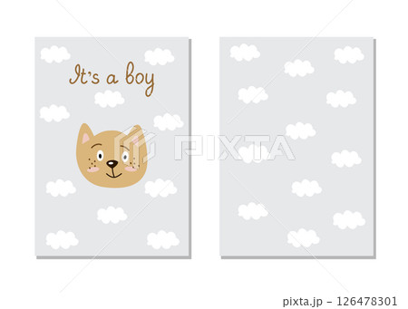 A postcard, invitations for a baby shower, it's a boy. Cute cat on the background of clouds and an inscription. Template vector illustration for printing, double-sided A postcard, invitations for a baby shower, it's a boy. Cute cat on the background of clouds and an inscription. Template vector illustration for printing, double-sided 126478301