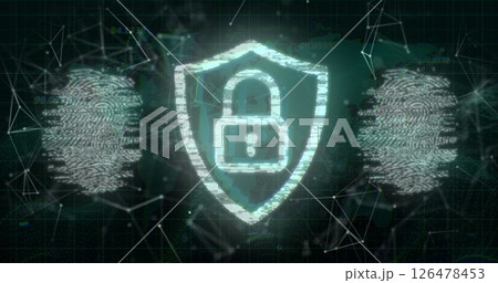 Image of padlock and data processing over biometric fingerprints 126478453