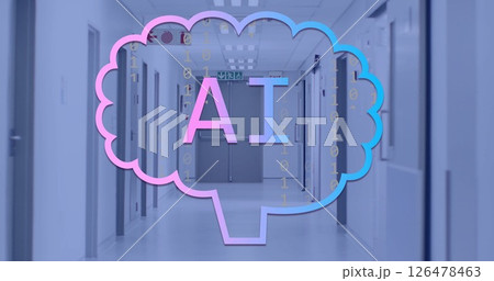 Image of binary coding and ai text over server room 126478463