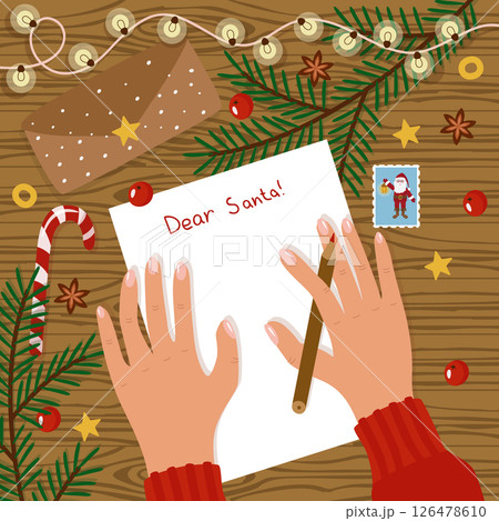 Writing a letter to Santa top view, flatley concept. Women's hands on the table with a pencil and a sheet of paper. An envelope, a stamp, a garland, spruce branches, a candy cane. Vector illustration 126478610