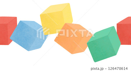 Seamless border with colored game cubes, toys for children, handmade digital illustration on a white background. An element for the design 126478614