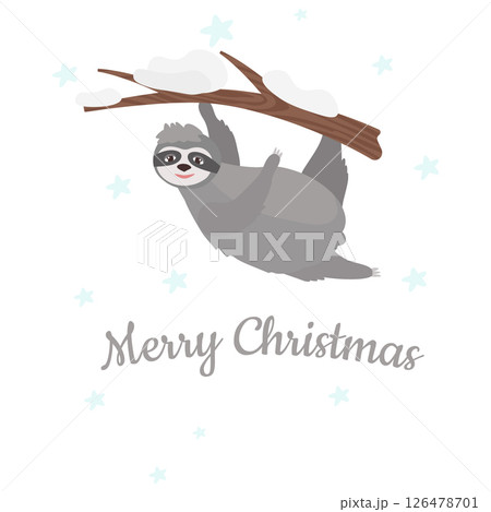 Merry Christmas, a postcard with a sloth on a tree and an inscription. Vector illustration for design and decor, banner Merry Christmas, a postcard with a sloth on a tree and an inscription. Vector illustration for design and decor, banner 126478701