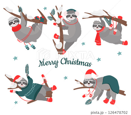 A Christmas set of cute sloths on trees in different poses, in warm winter clothes with spruce branches. Vector illustration of characters for holiday cards, design or decor 126478702