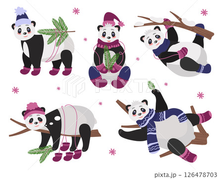 Christmas set of cute pandas on trees in different poses, in warm winter clothes with fir branches. Vector illustration of characters for holiday cards, design or decor Christmas set of cute pandas on trees in different poses, in warm winter clothes with fir branches. Vector illustration of characters for holiday cards, design or decor 126478703