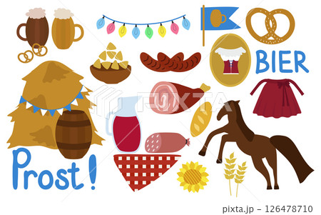 Oktoberfest, a set of vector elements for holiday design or decoration. Beer, sausages, knuckle, garlands, horse, brezel. 126478710