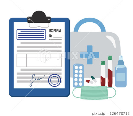 Pharmaceutical prescription form RX with blue seals and stamps of the doctor for medicines. First aid kit, mask, pills and test tubes. Vector illustration of the patient's treatment concept. Pharmaceutical prescription form RX with blue seals and stamps of the doctor for medicines. First aid kit, mask, pills and test tubes. Vector illustration of the patient's treatment concept. 126478712
